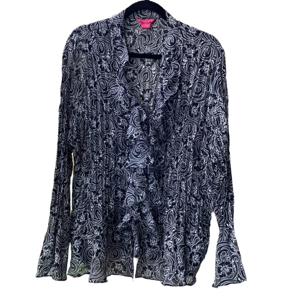 🖤♥️🤍 Sunny Leigh Macy’s Lightweight Crinkly Ruffles Buttons Feminine Romantic - Picture 11 of 13